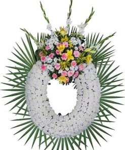 Corona de Flores para Difuntos MADRID de color blanco. Floristería cerca del tanatorio. Corona funeraria de claveles blancos.