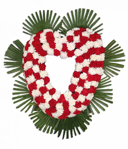 Corona Flores para enviar al tanatorio con forma de Corazón de claveles rojos y blancos